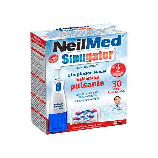 NeilMed Sinugator Lavador Nasal Inalámbrico Pulsarte con 30 sobres premezclados y 3 pilas AA